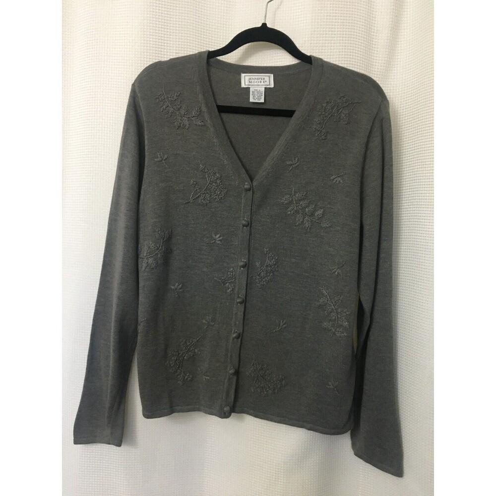 Vintage Jennifer Moore Classic Cardigan Sweater Large Floral Embroidered Gray A6